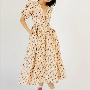 Chic Floral Midi Dress in Cream and Red